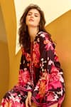 Mandira Wirk_Black Armani Satin Printed Botanical Notched Kaftan _Online_at_Aza_Fashions