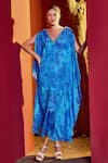 Buy_Mandira Wirk_Blue Chiffon Printed Leaf Plunge V Neck Kaftan Dress _at_Aza_Fashions