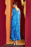 Shop_Mandira Wirk_Blue Chiffon Printed Leaf Plunge V Neck Kaftan Dress _at_Aza_Fashions