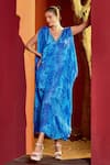 Mandira Wirk_Blue Chiffon Printed Leaf Plunge V Neck Kaftan Dress _Online_at_Aza_Fashions