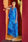 Buy_Mandira Wirk_Blue Chiffon Printed Leaf Plunge V Neck Kaftan Dress _Online_at_Aza_Fashions