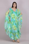 Buy_Mandira Wirk_Green Chiffon Printed Tropical Breeze Broad V Neck Kaftan _at_Aza_Fashions