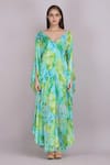 Mandira Wirk_Green Chiffon Printed Tropical Breeze Broad V Neck Kaftan _Online_at_Aza_Fashions