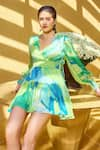 Buy_Mandira Wirk_Green Chiffon Printed Abstract Plunge V Neck Short Dress _Online_at_Aza_Fashions