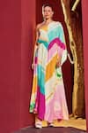 Buy_Mandira Wirk_Multi Color Viscose Crepe Printed Stripe Asymmetric One Shoulder Kaftan _at_Aza_Fashions