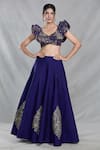 Shop_Samyukta Singhania_Blue Banarasi Silk Embroidery Sequin Leaf Neck Ambrosia Lehenga Set 