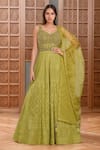 Buy_Samyukta Singhania_Green Georgette Embroidery Sequin Leaf Neck Mughal Bloom Gown With Dupatta _at_Aza_Fashions