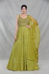 Shop_Samyukta Singhania_Green Georgette Embroidery Sequin Leaf Neck Mughal Bloom Gown With Dupatta 