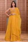 Buy_Samyukta Singhania_Yellow Georgette Embroidery Sequin Leaf Neck Mughal Darbar Gown With Dupatta _at_Aza_Fashions