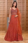 Buy_Samyukta Singhania_Orange Georgette Embroidery Sequin Leaf Neck Persian Darbar Gown With Dupatta _at_Aza_Fashions