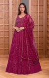 Buy_Samyukta Singhania_Pink Georgette Embroidery Sequin Leaf Neck Persian Bloom Gown With Dupatta _at_Aza_Fashions