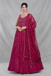 Samyukta Singhania_Pink Georgette Embroidery Sequin Leaf Neck Persian Bloom Gown With Dupatta _Online