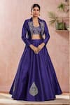 Buy_Samyukta Singhania_Blue Raw Silk Embroidery Sequin Lapel Collar Blazer Jacket Lehenga Set _at_Aza_Fashions