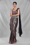 Buy_Samyukta Singhania_Brown Imported Embroidery Beads Shimmery Stripe Pre-draped Saree With Blouse _Online