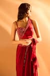 Samyukta Singhania_Maroon Imported Satin Embroidered Ruffle Detailed Pre-draped Saree With Blouse 