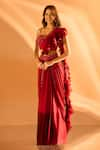 Samyukta Singhania_Maroon Imported Satin Embroidered Ruffle Detailed Pre-draped Saree With Blouse 