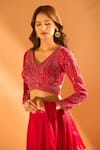 Samyukta Singhania_Pink Imported Satin Embroidered Bead V Placement Pre-draped Saree With Blouse _Online