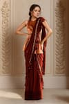 Buy_Samyukta Singhania_Wine Georgette Embroidered Ruffle Hem Pre-draped Saree With Peplum Blouse _at_Aza_Fashions