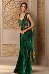 Buy_Samyukta Singhania_Green Blouse Net Embroidered Bead Sweetheart Hem Pre-draped Saree With Neck _at_Aza_Fashions