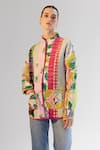 NOIB_Multi Color Cotton Printed Quilted Band Collar Noib Reversible Jacket _Online_at_Aza_Fashions