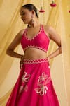 Buy_Sonal Pasrija_Fuchsia Silk Embroidered Floral Halter Kalidar Lehenga Set _Online_at_Aza_Fashions