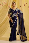 Buy_Sonal Pasrija_Blue Silk Hand Embroidered Floral V Neck Pre-draped Saree With Blouse _at_Aza_Fashions