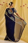 Shop_Sonal Pasrija_Blue Silk Hand Embroidered Floral V Neck Pre-draped Saree With Blouse _at_Aza_Fashions