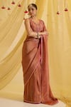 Buy_Sonal Pasrija_Brown Silk Tissue Embroidered Floral Placement Pre-draped Saree With Blouse _at_Aza_Fashions