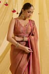 Sonal Pasrija_Brown Silk Tissue Embroidered Floral Placement Pre-draped Saree With Blouse _Online_at_Aza_Fashions