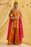 Buy_Sonal Pasrija_Orange Silk Tissue Embroidered Floral Butti Round Kurta Sharara Set _at_Aza_Fashions