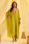 Buy_Sonal Pasrija_Green Silk Tissue Hand Embroidered V Neck Contrast Kaftan With Pant _at_Aza_Fashions