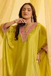 Sonal Pasrija_Green Silk Tissue Hand Embroidered V Neck Contrast Kaftan With Pant _Online_at_Aza_Fashions