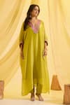 Shop_Sonal Pasrija_Green Silk Tissue Hand Embroidered V Neck Contrast Kaftan With Pant _Online_at_Aza_Fashions