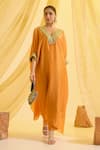 Buy_Sonal Pasrija_Orange Silk Tissue Embroidered Gota Lace V-neck Border Kaftan Pant Set _at_Aza_Fashions