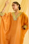 Buy_Sonal Pasrija_Orange Silk Tissue Embroidered Gota Lace V-neck Border Kaftan Pant Set _Online_at_Aza_Fashions