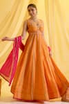 Sonal Pasrija_Orange Silk Tissue Embroidered Sequin Leaf Anarkali With Dupatta _Online_at_Aza_Fashions