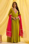 Buy_Sonal Pasrija_Green Silk Tissue Embroidered Gota Lace V-neck Border Anarkali With Dupatta _at_Aza_Fashions