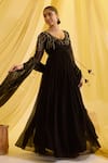 Sonal Pasrija_Black Georgette Embroidered Sequin V-neck Floral Vine Anarkali With Dupatta _Online_at_Aza_Fashions