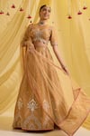 Sonal Pasrija_Beige Silk Tissue Embroidered Sequin Leaf Lotus Zari Lehenga Set _Online_at_Aza_Fashions