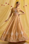 Buy_Sonal Pasrija_Beige Silk Tissue Embroidered Sequin Leaf Lotus Zari Lehenga Set _Online_at_Aza_Fashions