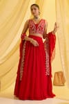 Buy_Sonal Pasrija_Red Silk Embroidered Sequin V-neck Plain Lehenga Set With Blouse _at_Aza_Fashions