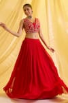 Shop_Sonal Pasrija_Red Silk Embroidered Sequin V-neck Plain Lehenga Set With Blouse _Online_at_Aza_Fashions