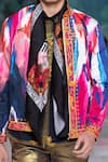 Mr. Ajay Kumar_Pink Cotton Satin Lycra Printed Abstract Ikat Thetys Bomber Jacket _Online_at_Aza_Fashions