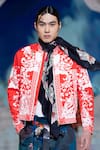 Shop_Mr. Ajay Kumar_Red Cotton Satin Lycra Printed Himalayan Floral Bomber Jacket _at_Aza_Fashions