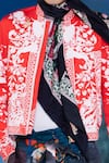 Mr. Ajay Kumar_Red Cotton Satin Lycra Printed Himalayan Floral Bomber Jacket _Online_at_Aza_Fashions