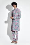 Buy_Mr. Ajay Kumar_Pink Linen Print Lotus Karma Kurta With Pant _at_Aza_Fashions