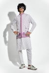 Buy_Mr. Ajay Kumar_Pink 100% European Linen Printed Lotus Band Collar Bundi _at_Aza_Fashions