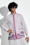 Buy_Mr. Ajay Kumar_Pink 100% European Linen Printed Lotus Band Collar Bundi _Online_at_Aza_Fashions