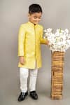 Shop_Little Brats_Yellow Cotton Silk Embroidery Thread Flower Sherwani Set _Online_at_Aza_Fashions