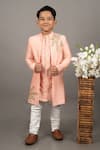 Buy_Little Brats_Pink Cotton Silk Embroidery Sequin Leaf Placement Sherwani Set _at_Aza_Fashions